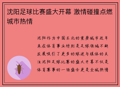 沈阳足球比赛盛大开幕 激情碰撞点燃城市热情